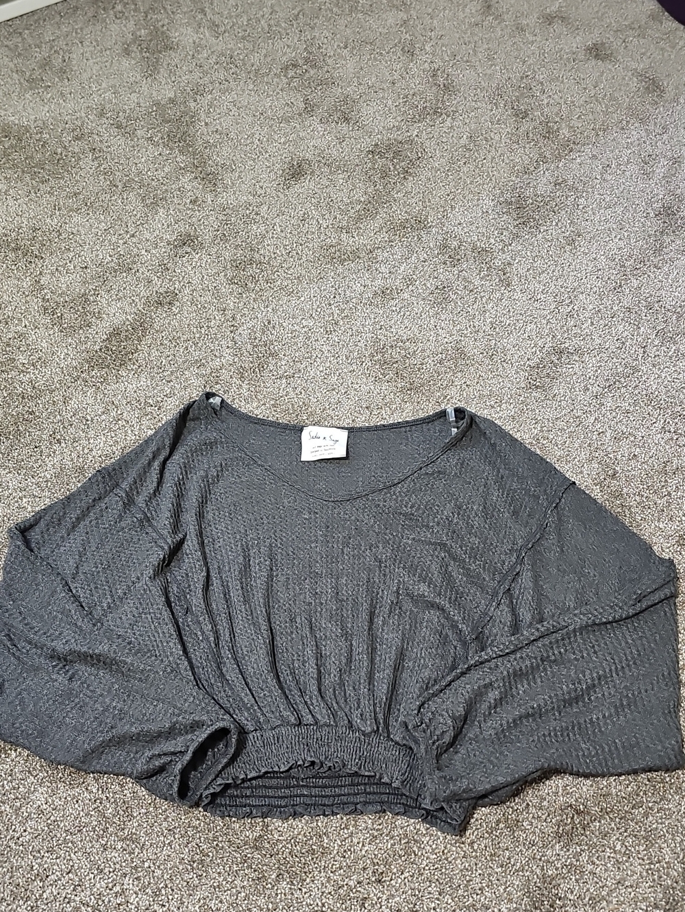 Charcoal Cropped Long-Sleeve Top - Gathered Waist